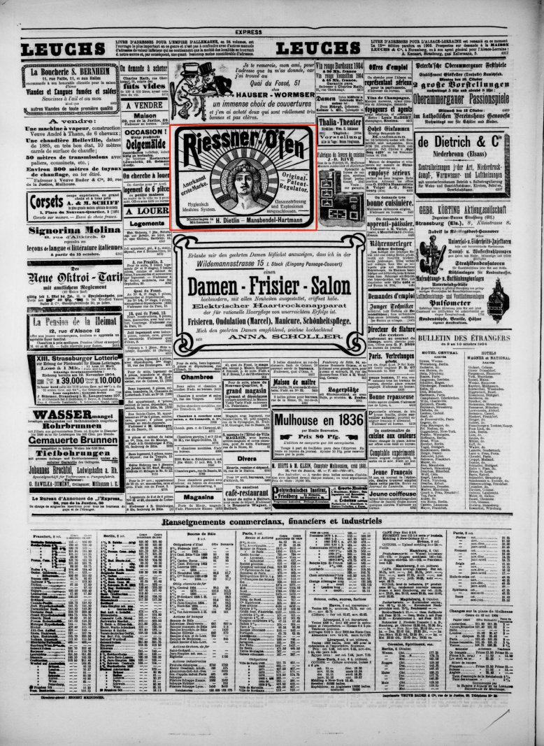 Journal L'Express de Mulhouse du 9 octobre 1904 (p.3) : revente d'articles Riessner Ofen (poeles art nouveau, ...).